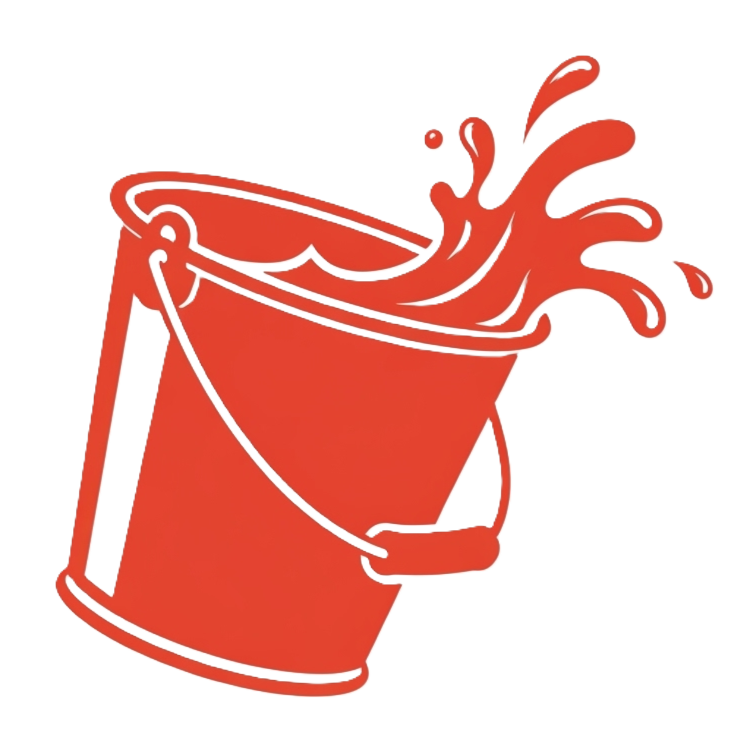 A tilted red pail with water splashing out of it.